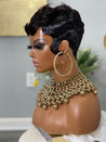 Short glueless pixie wig with highlights, adding warmth and dimension for African American hair.