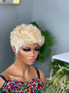 Glueless pixie cut wig with precision-cut bangs, offering a polished and sophisticated style.