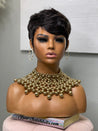 Glueless pixie cut wig with precision-cut bangs, offering a polished and sophisticated style.