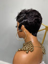 Short glueless pixie wig with highlights, adding warmth and dimension for African American hair.