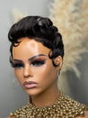 Glueless brunette pixie wig, offering a deep, natural shade for African American women.