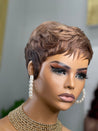 Glueless feathered pixie cut wig in black hair, providing a soft and feathered style for Black women.